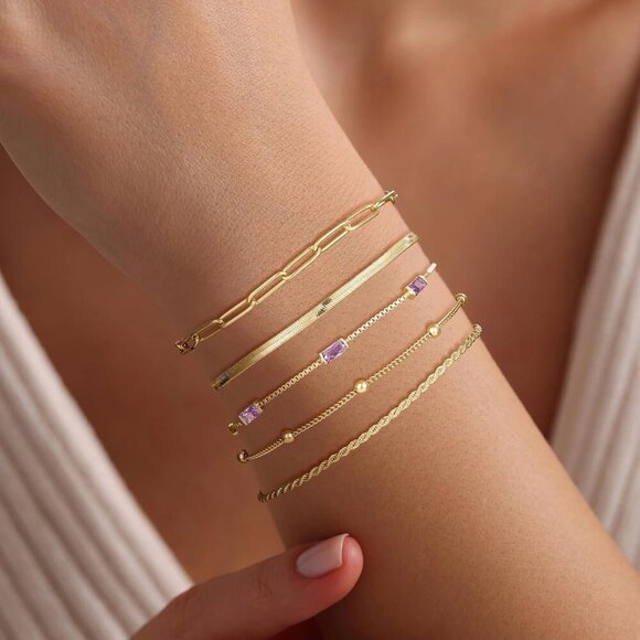 Birthstone Gold Bracelets for Women Water-Resistant 14K Gold Plated Dainty Stack - Picture 8 of 8